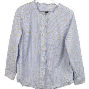 Talbots Ruffle Band Collar Cotton Poplin Button Down Striped Gold Heart Large